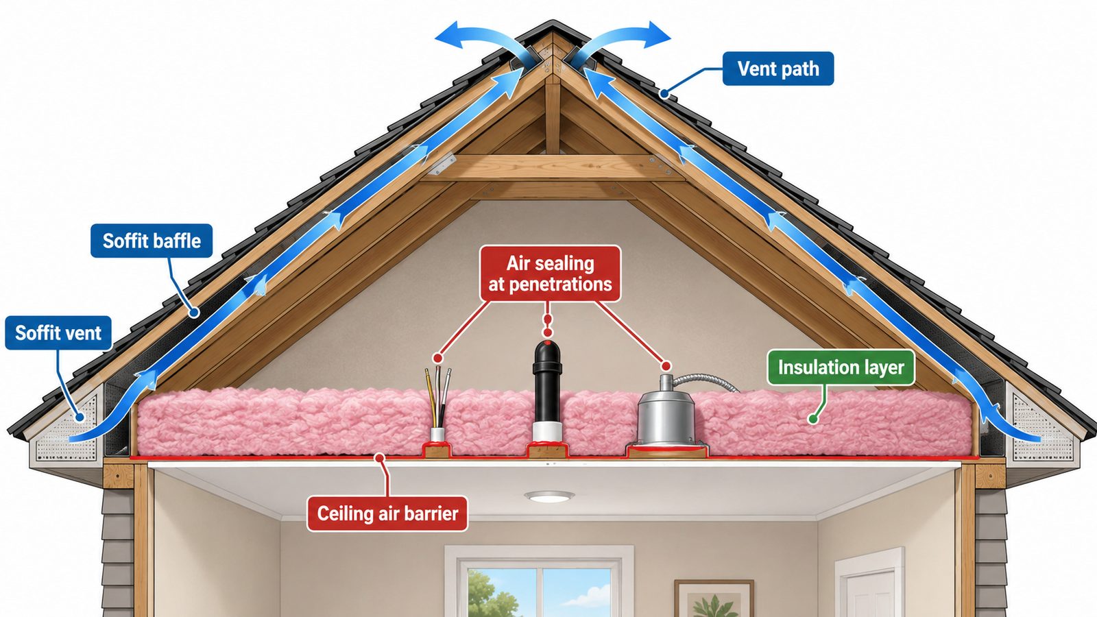 Cutaway diagram of a vented attic showing soffit vents and baffles carrying air up the underside of the roof deck to a ridge vent, a layer of insulation resting on the ceiling, and sealed penetrations at a wiring run, a plumbing vent stack and a recessed light housing where they pass through the ceiling air barrier.