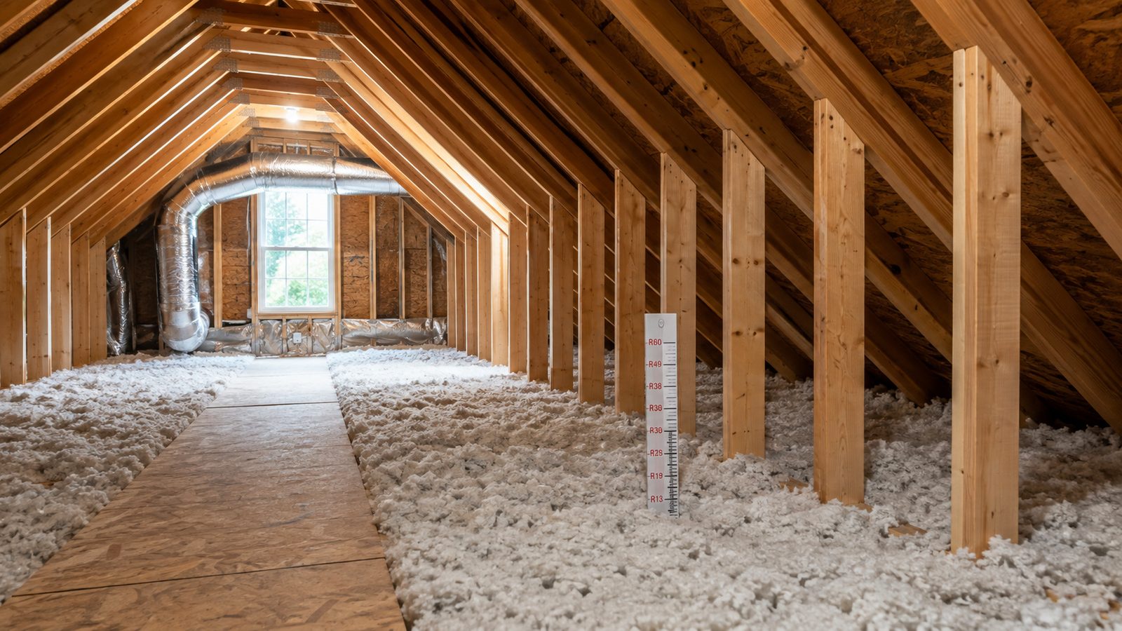 Blown loose-fill insulation between ceiling joists in a vented attic, with a marked depth ruler standing in the material and a plywood walkway running down the centre.